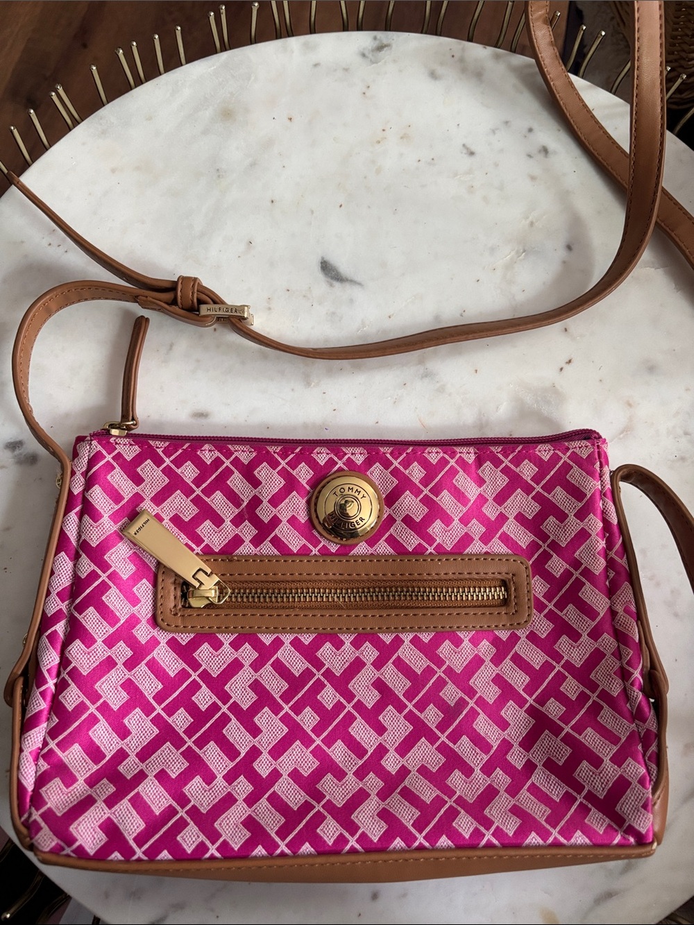 Tommy Hilfiger Pink Patterned Crossbody with Tan Trim